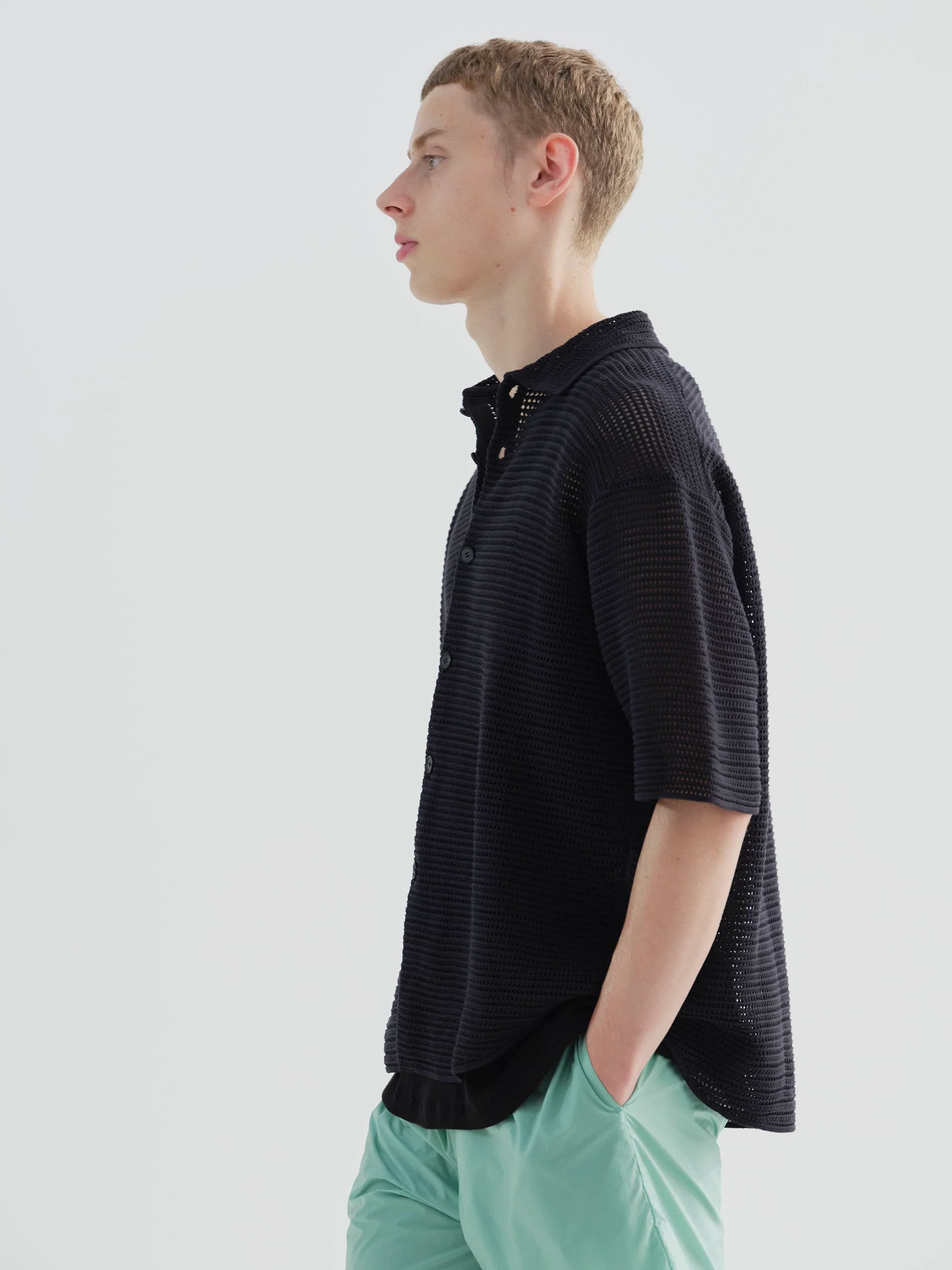 AURALEE Cotton Mesh Knit Half Sleeved Shirt - KHAKI BROWN - Image 3