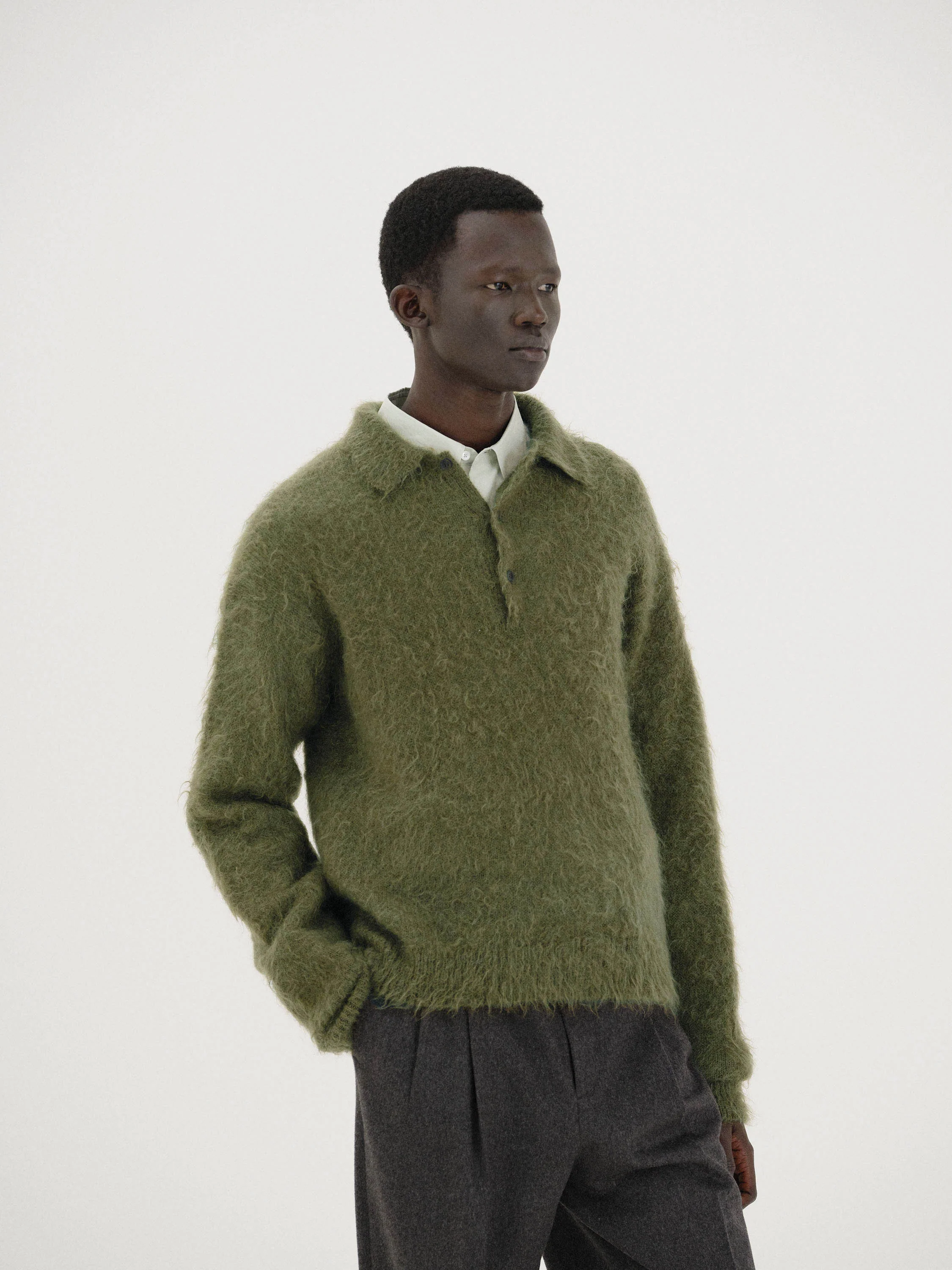 Auralee Brushed Super Kid Mohair Knit Polo - Olive