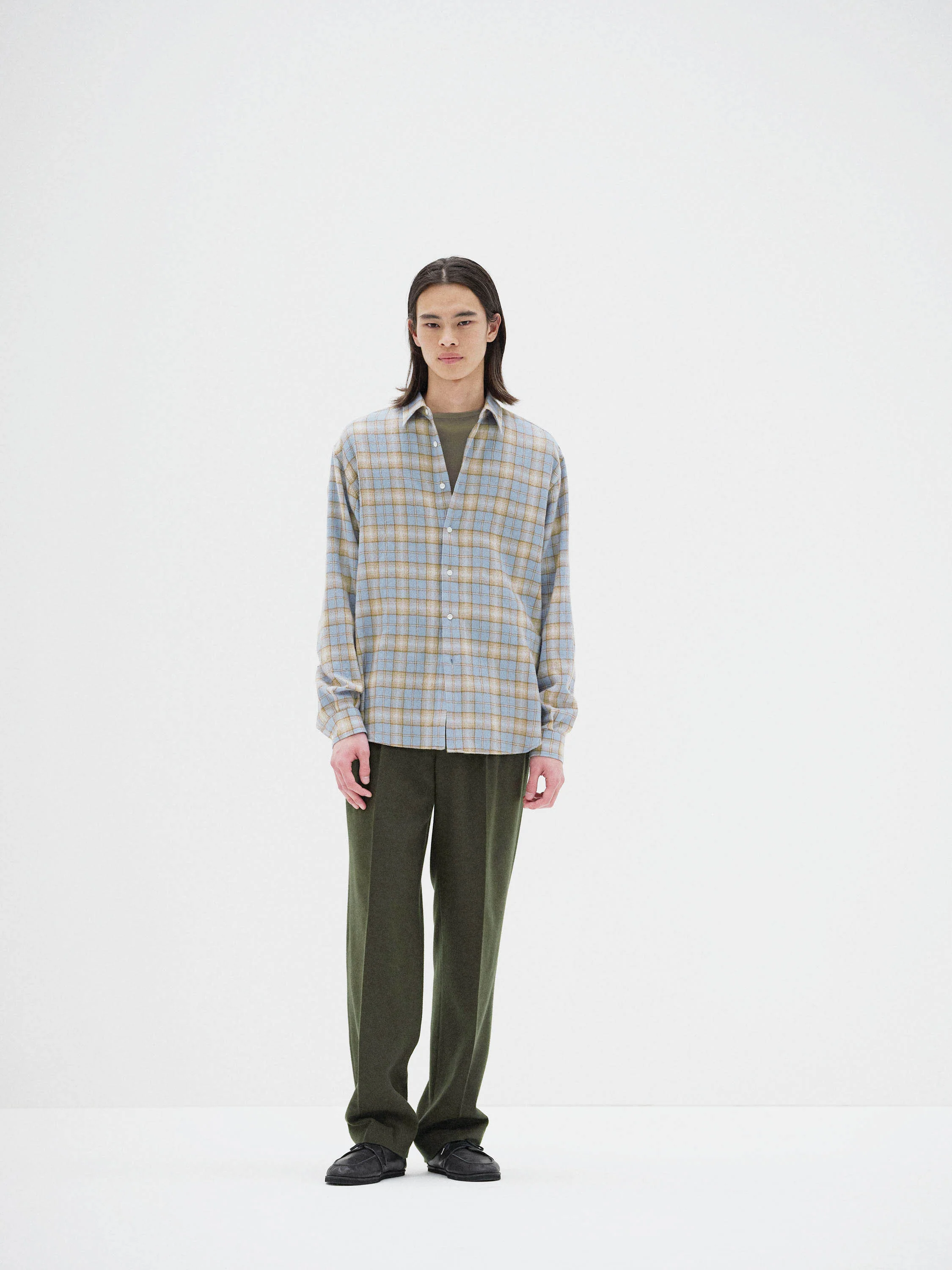 Auralee Airy Wool Check Shirt - Light Blue x Beige - Image 3