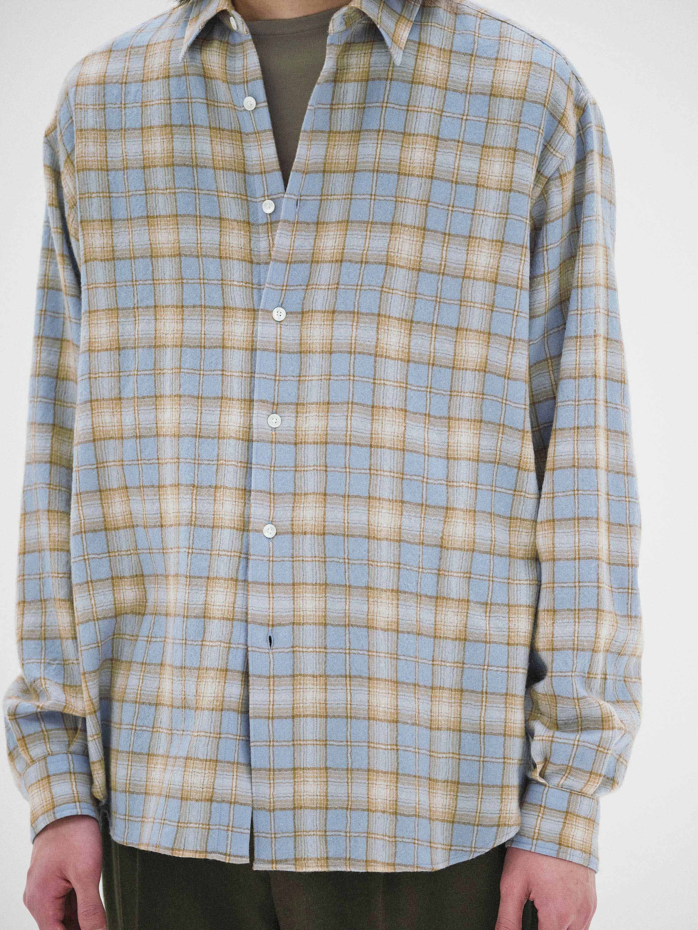 Auralee Airy Wool Check Shirt - Light Blue x Beige - Image 6