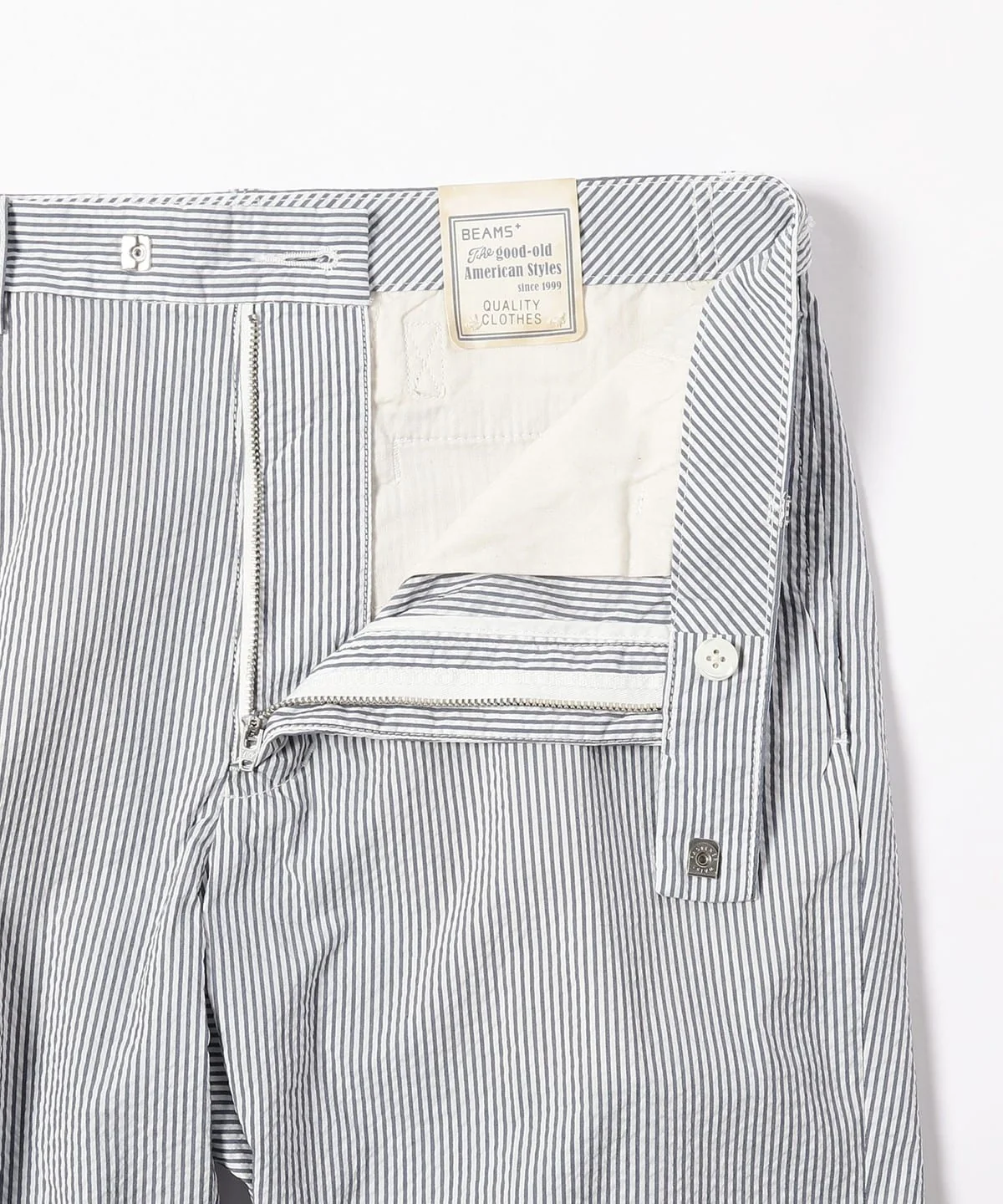 Beams Plus | IVY Trousers Ankle-Cut COOLMAX Seersucker | Blue Stripe - Image 2