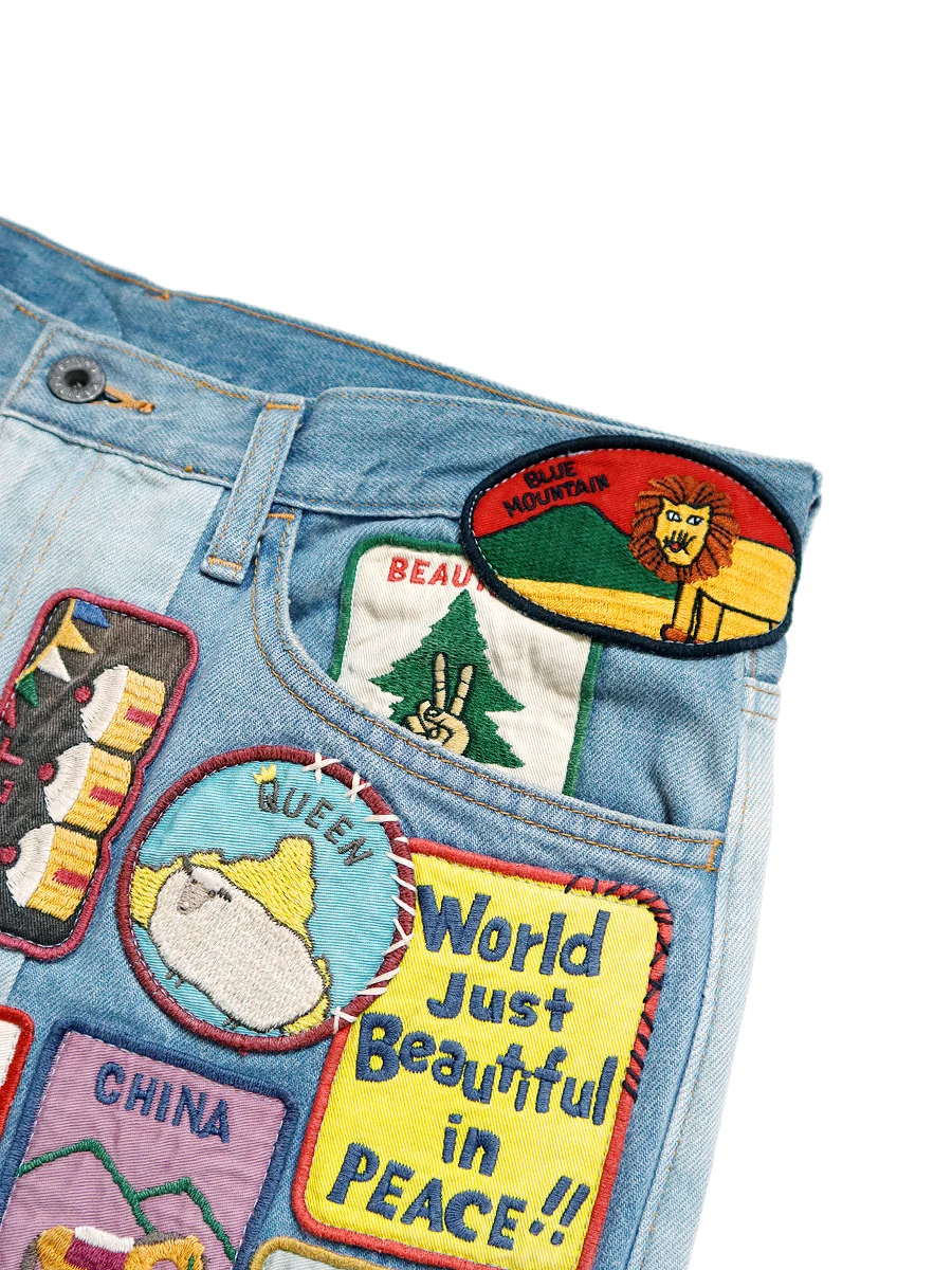 Kapital 12.5oz Denim 5P Rat Flare Patch Pants (BEAUTIFUL WORLD INSANE Remake) - Indigo (processing) - Image 3