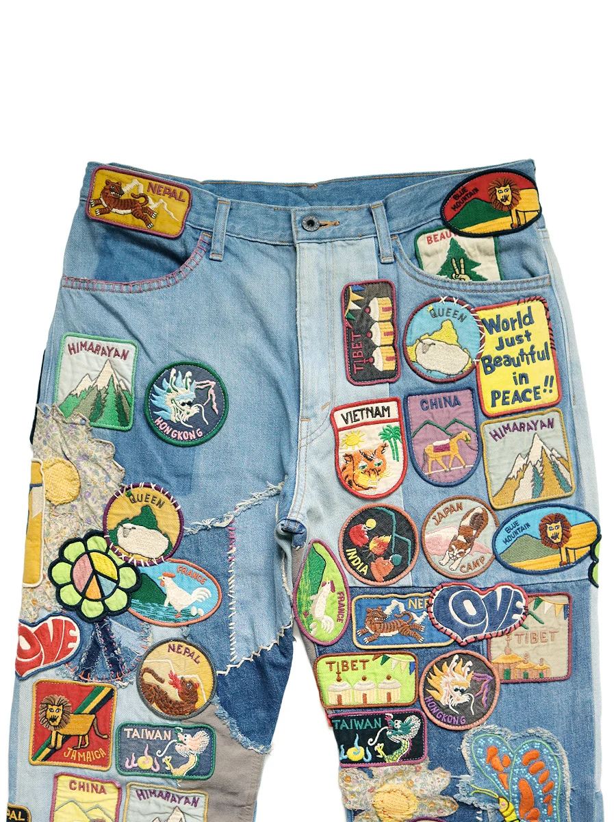 Kapital 12.5oz Denim 5P Rat Flare Patch Pants (BEAUTIFUL WORLD INSANE Remake) - Indigo (processing) - Image 4