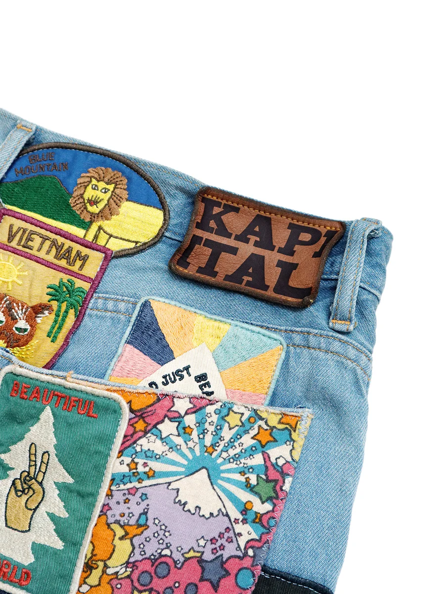 Kapital 12.5oz Denim 5P Rat Flare Patch Pants (BEAUTIFUL WORLD INSANE Remake) - Indigo (processing) - Image 8