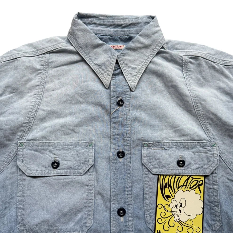 Kapital Chambray 2TONES BONE Patch Ventilator Work Shirt - Sax - Image 3