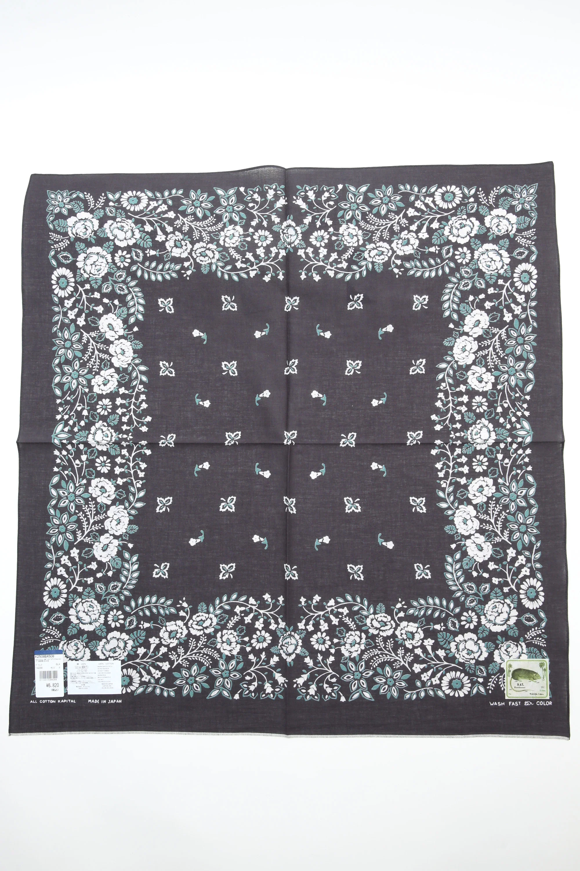 Kapital Fastcolor Selvedge Bandanna (CHURCHILL GARDEN) 30x30 - Black