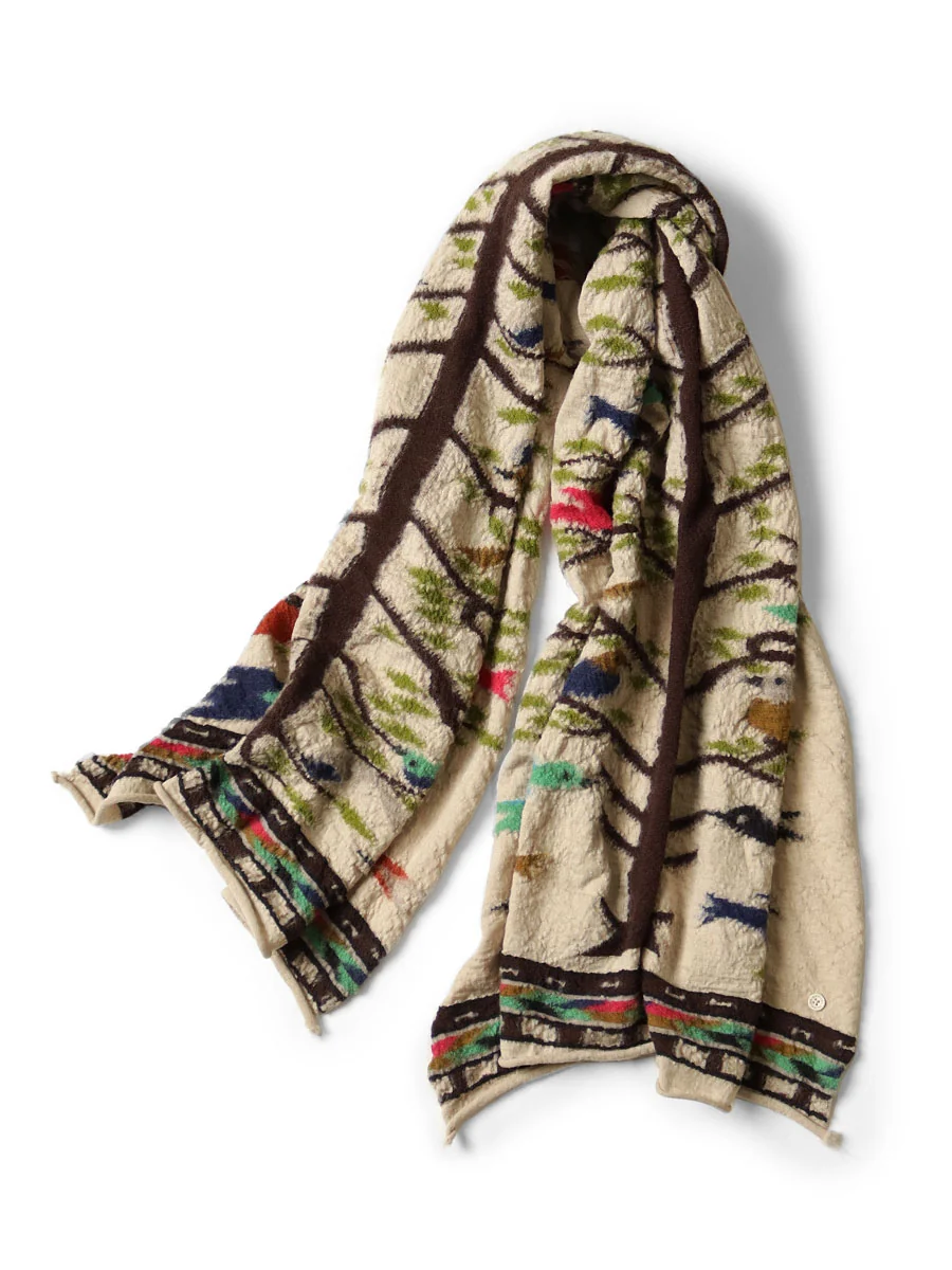 Kapital - Fulling Wool Scarf BIRD TREE - Beige - Image 2