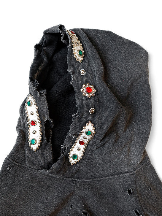Kapital SWT Knit THRILLER Damaged Hoodie (STUDS) - Black - Image 3