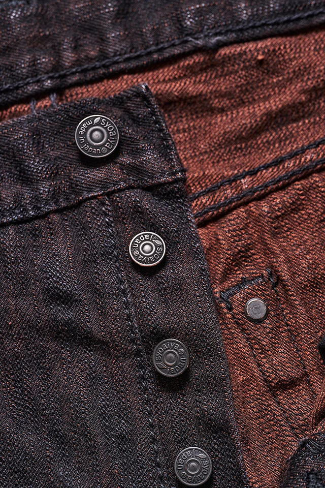 Pure Blue Japan [PER-EX-019-BK] Men's Woven Jeans 15oz Black x Persimmon Extra Slub Relaxed Tapered - Washed Black x Persimmon - Image 3