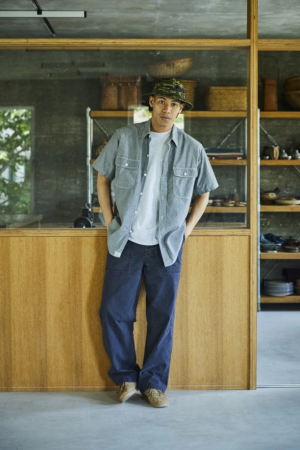 orSlow - Short Sleeve Gray Chambray Work Shirt with Flap Pocket (Gray 64) - Image 2