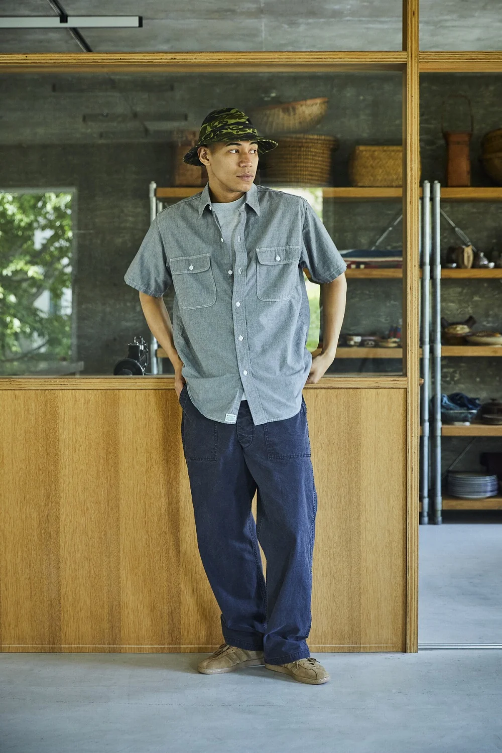 orSlow - Short Sleeve Gray Chambray Work Shirt with Flap Pocket (Gray 64) - Image 3