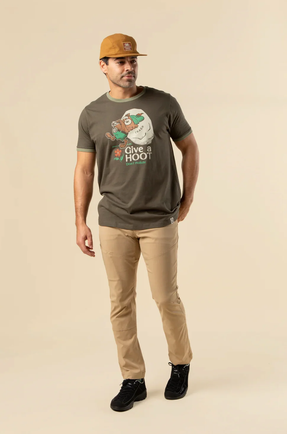 The Landmark Project Give A Hoot, Don't Pollute Unisex Short Sleeve Ringer Tee (Olive/Dark Oat) - Image 2