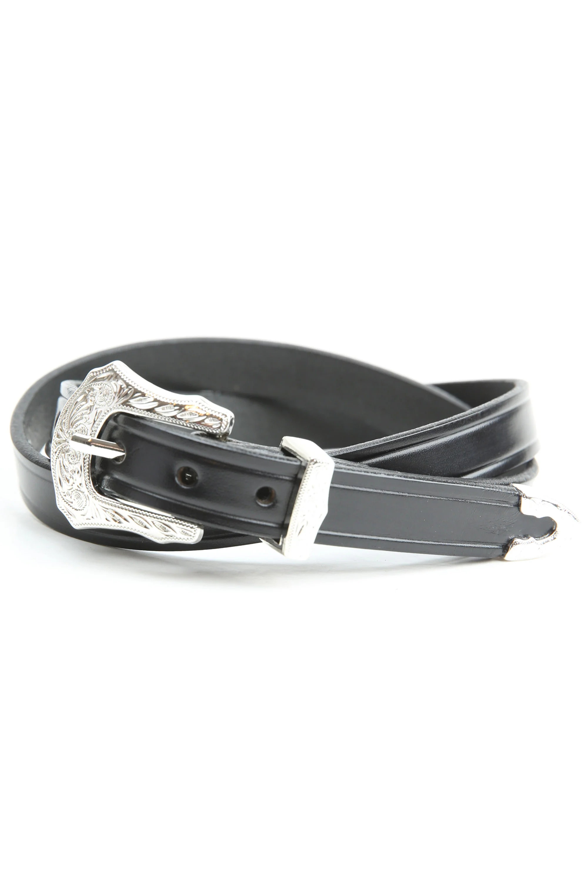 Tory Leather 3/4" Plain Creased Belt With 3-Pc Engraved Silver Buckle Set (2244) - Black